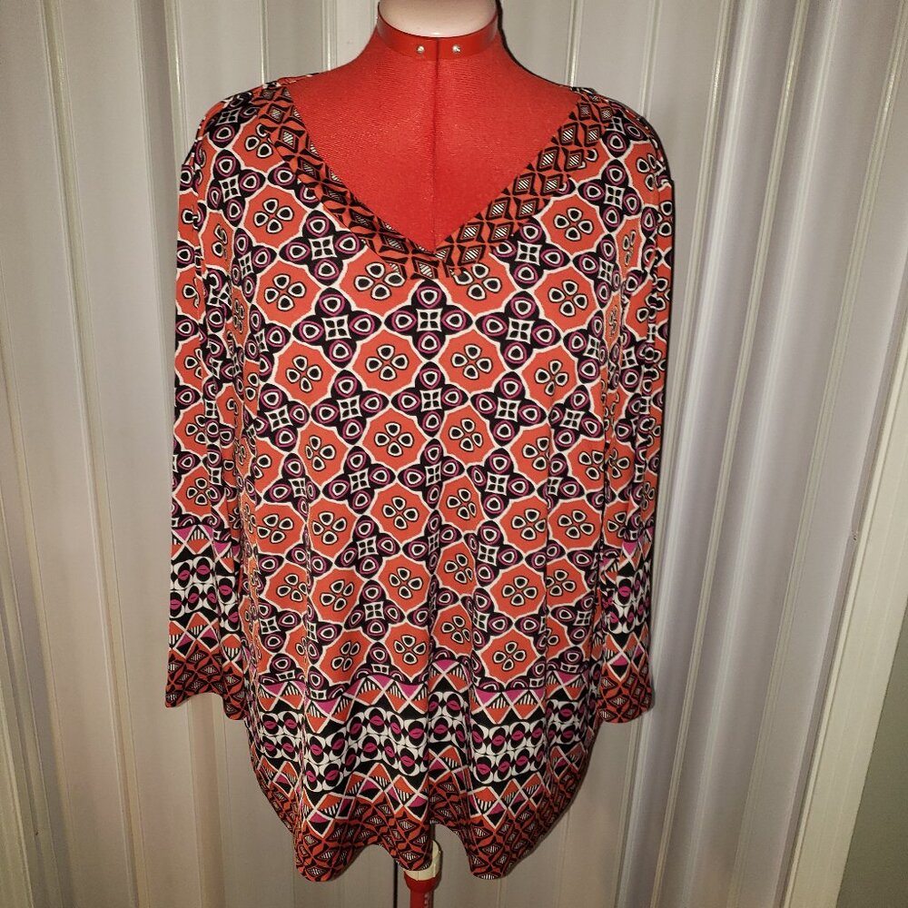 Bob Mackie Wearable Art Blouse Womens XL Top Geometric Long Sleeve Orange